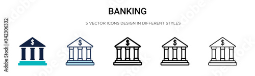 Banking icon in filled, thin line, outline and stroke style. Vector illustration of two colored and black banking vector icons designs can be used for mobile, ui, web