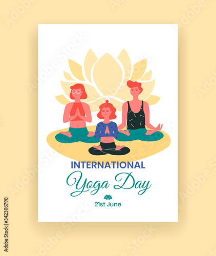 International yoga day - June 21 - poster template with red women, meditating in lotus poses like padmasana and ardha padmasana asanas. Yoga instructor. Physical activity as a way to relieve stress.
