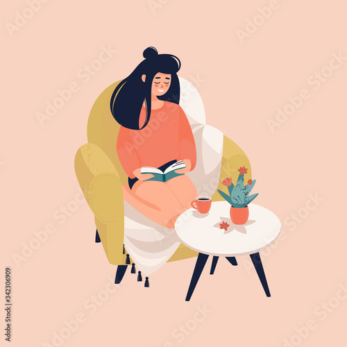 Vector illustration of young brunette woman is reading a book in a comfortable chair near a table with cup of a drink and a cactus 
