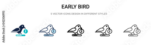 Early bird icon in filled, thin line, outline and stroke style. Vector illustration of two colored and black early bird vector icons designs can be used for mobile, ui, web