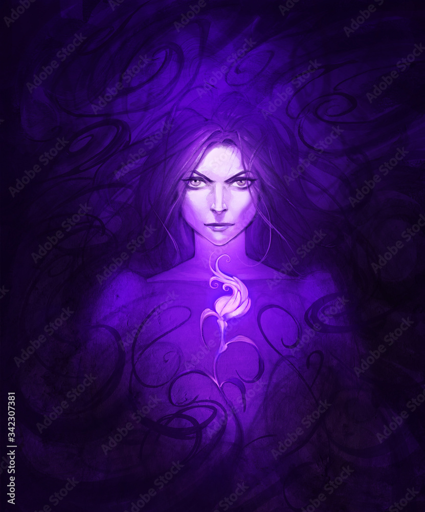 Obraz premium Original hand drawn fantasy portrait of a mysterious beautiful woman with long dark hair holding glowing magic flower