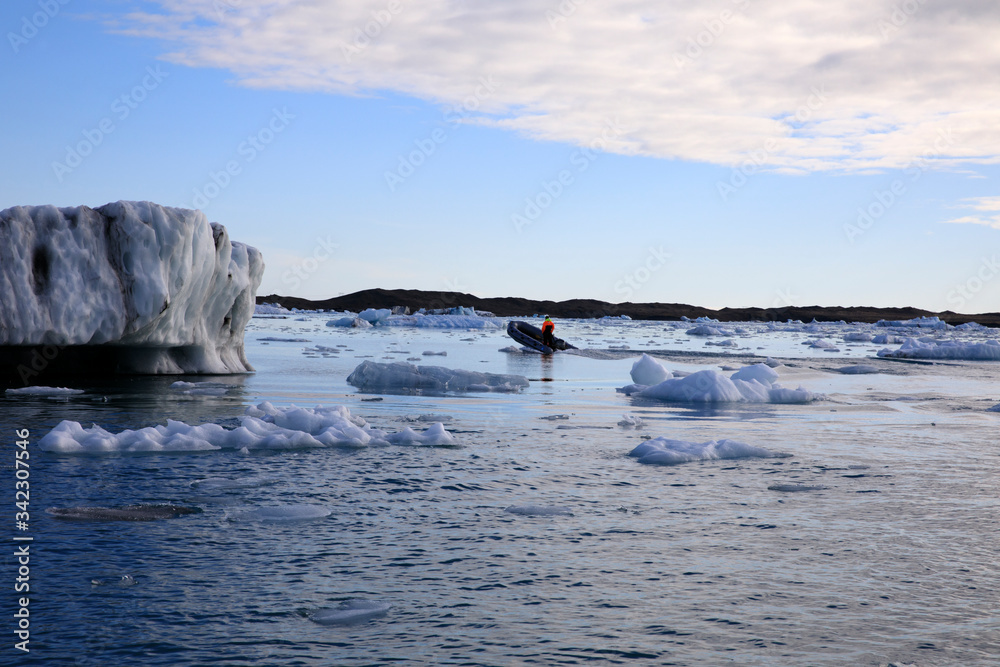 Jokulsarlon / Iceland - August 29, 2017: Ice formations and icebergs in Glacier Lagoon, Iceland, Europe