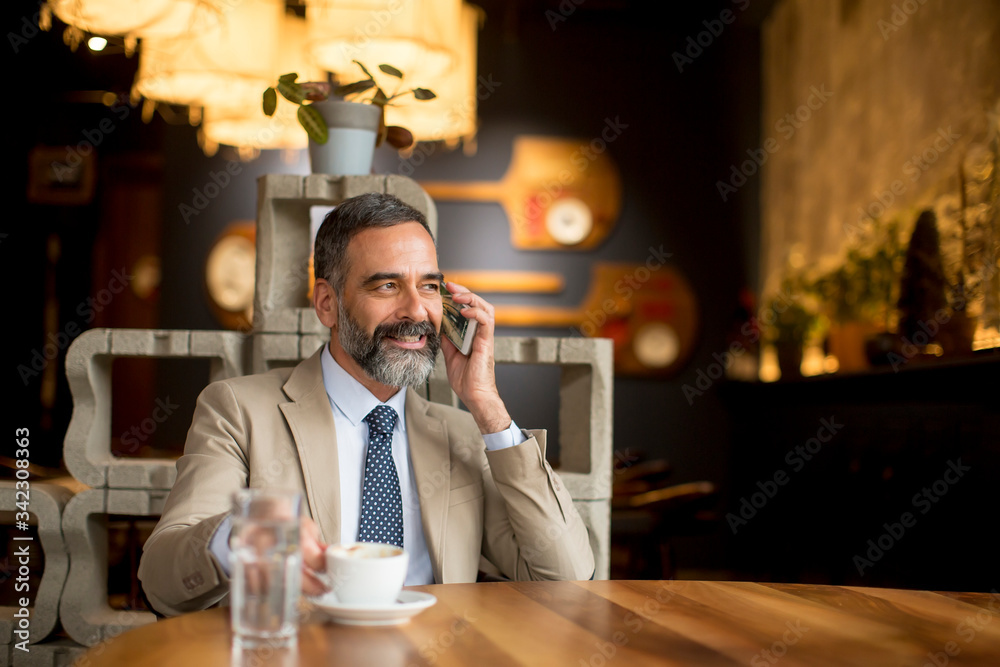 Handsome mature businessman drinking coffee in cafe and using mobile phone