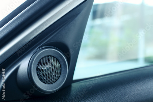 interior side door speaker in modern car, tweeter audio sound system, selective focus photo