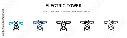 Electric tower icon in filled, thin line, outline and stroke style. Vector illustration of two colored and black electric tower vector icons designs can be used for mobile, ui, web