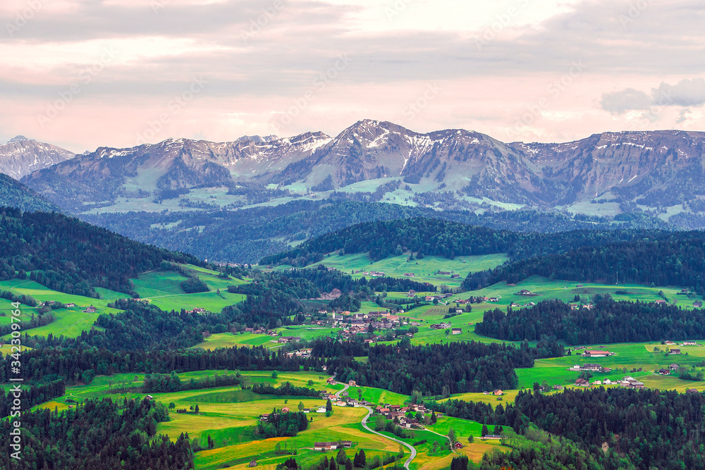 The picture shows the Sulzberg (Voralberg/ Austria) on the German-Austrian border in the evening.
