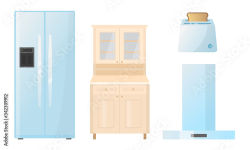 Different types of kitchen appliences and home furniture vector illustration