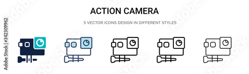 Action camera icon in filled, thin line, outline and stroke style. Vector illustration of two colored and black action camera vector icons designs can be used for mobile, ui, web