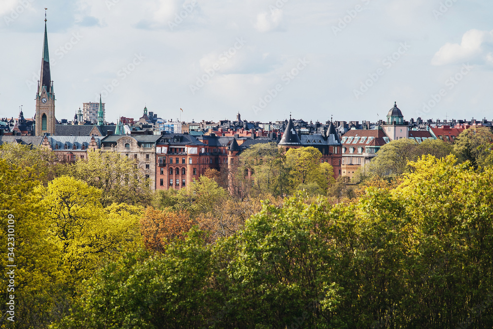 Scenic panoramic view of the strandvagen, located in the Old city of Stockholm by day, the capital of Sweden