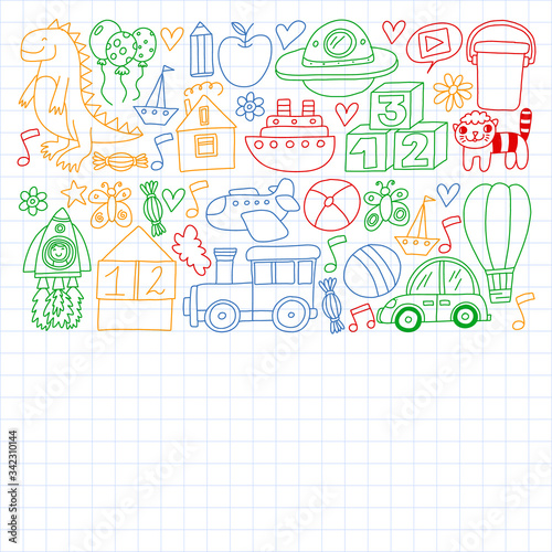 Kindergarten preschool school children. Kids drawing style vector pattern. Play grow learn together.