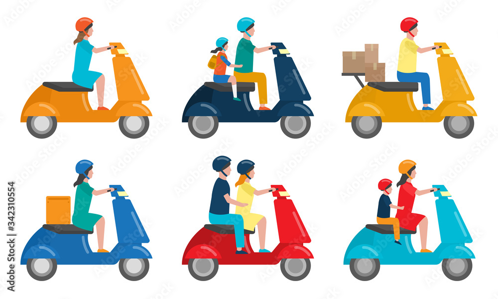 Set of various people on two-wheeled scooters serving for movement and delivery. Vector illustration in flat cartoon style Set of various people on two-wheeled scooters serving for movement and delivery. Vector illustration in flat cartoon style