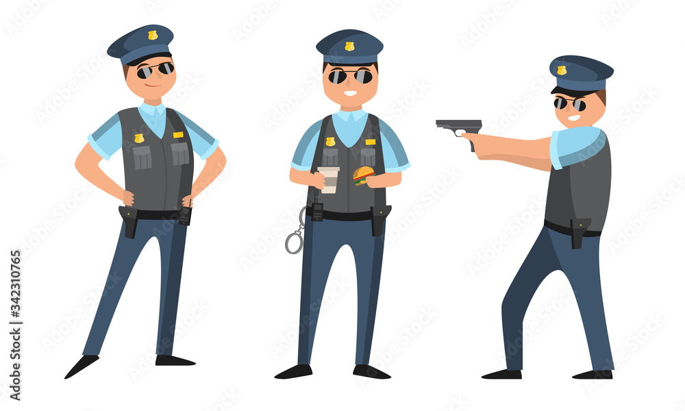 The police officer in black sunglasses standing in different poses with gun, hamburger, and coffee. Vector illustration in flat style