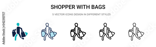 Shopper with bags icon in filled, thin line, outline and stroke style. Vector illustration of two colored and black shopper with bags vector icons designs can be used for mobile, ui, web