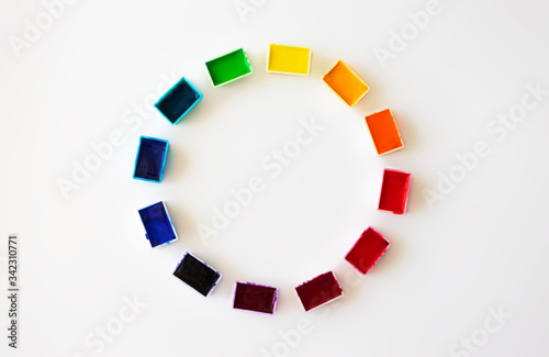 Color wheel or color circle from watercolor palette on white background flat lay, top view. Concept creative and art