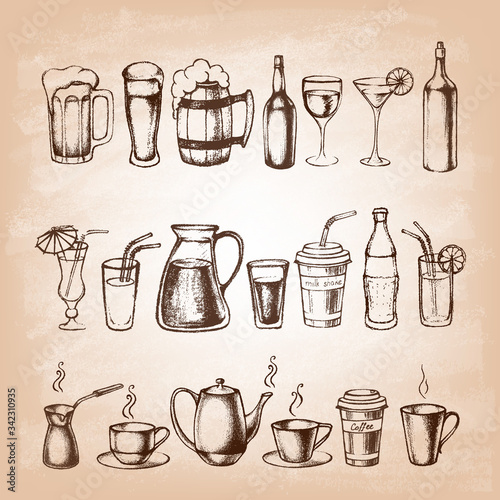 Set of different hand drawn beverages. Vector illustration.