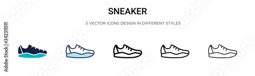Sneaker icon in filled, thin line, outline and stroke style. Vector illustration of two colored and black sneaker vector icons designs can be used for mobile, ui, web