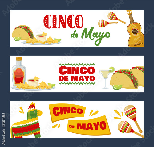 Set of cinco de mayo horizontal banners, mexican traditional fiesta. Vector