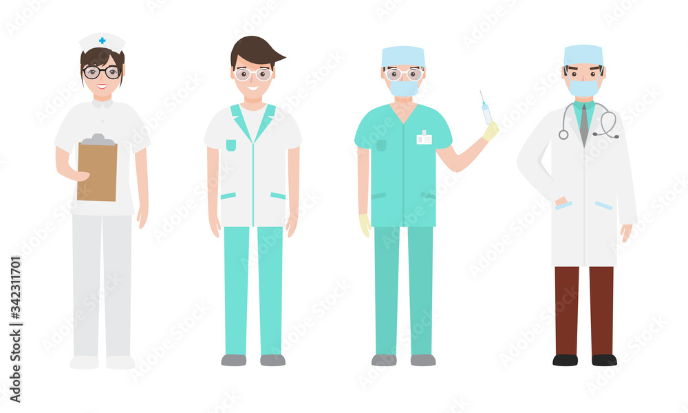Set of different male doctors and nurses in medical attire engaged in their work. Vector illustration in flat cartoon style