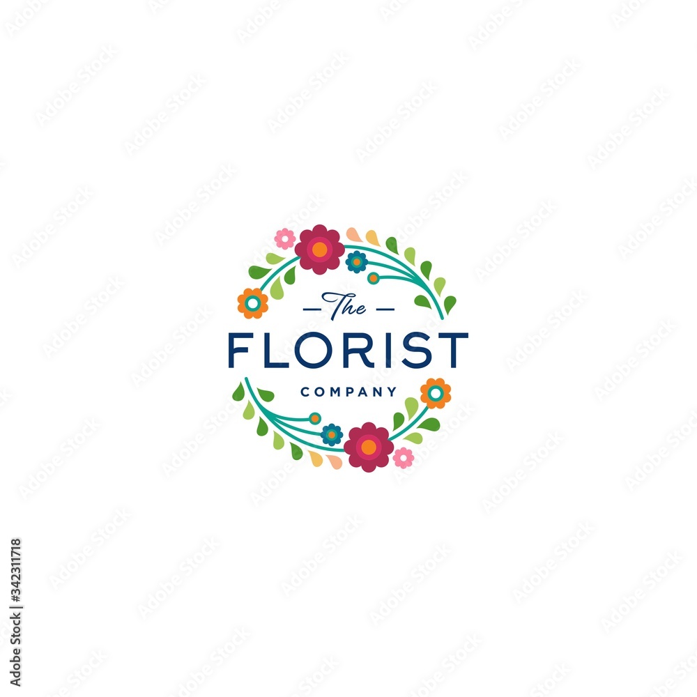 elegant flower bouquet logo icon circle, simple flower decorative beautiful and colorful logo design, flowers arranged in circle. Floral design. Vector illustration.
