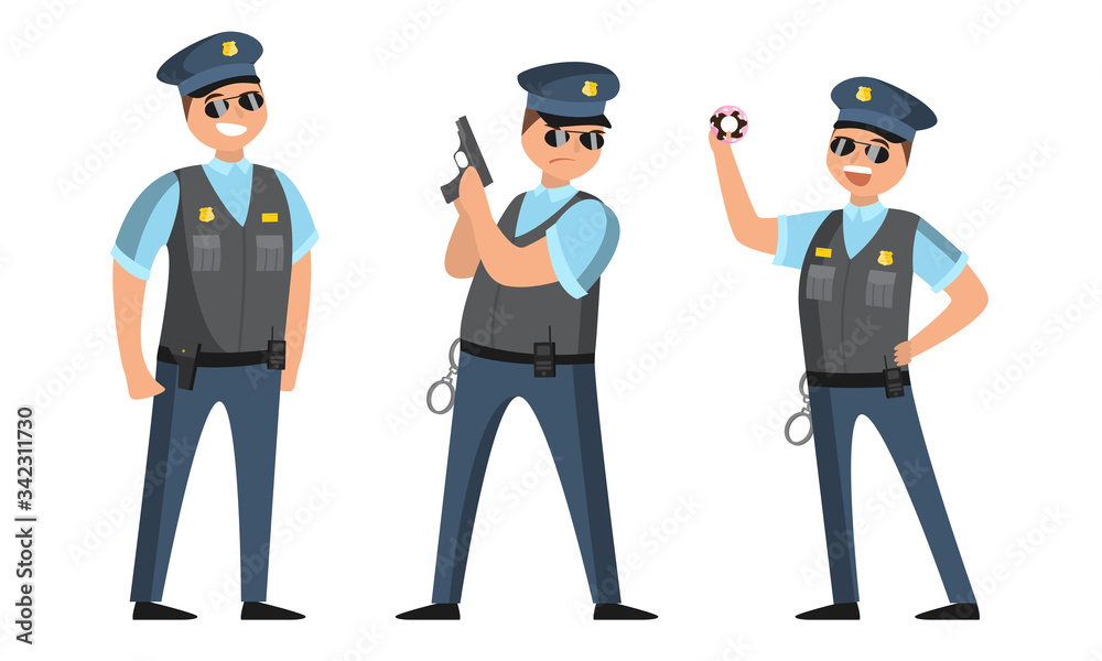The police officer in black sunglasses standing in different poses with donut and gun. Vector illustration in flat cartoon style