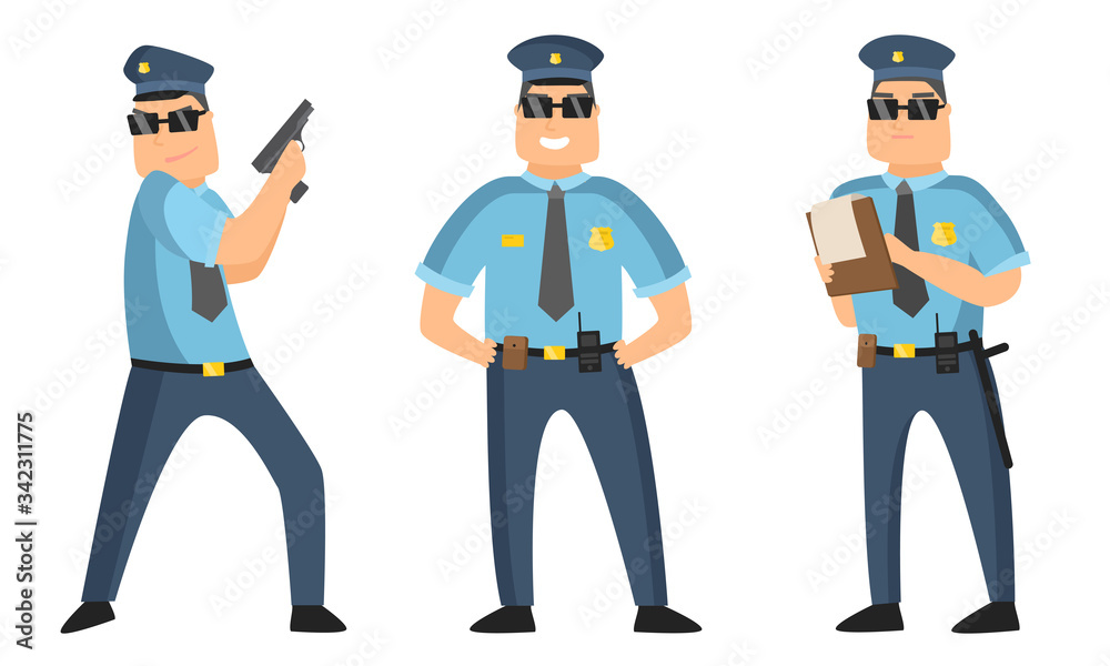 The police officer in black sunglasses standing in different poses with protocol and gun. Vector illustration in flat cartoon style