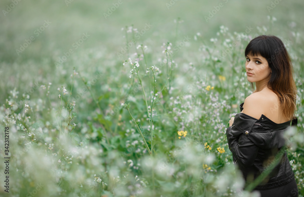 Beautiful brunette girl outdoors in a field with flowers Beautiful brunette girl outdoors in a field with flowers