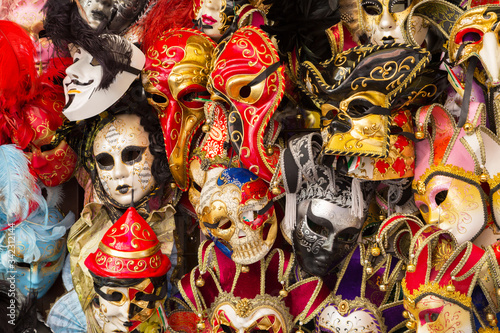 Various carnival masks of different color