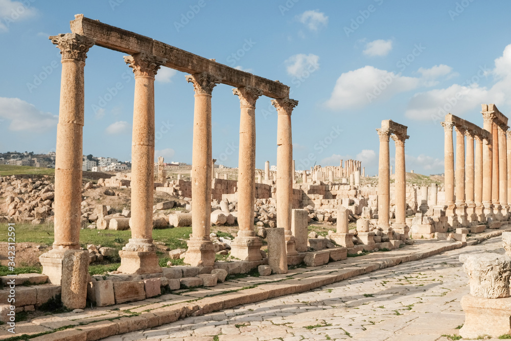 Ruin columns in Jerash ,the best preserved ancient Roman city in Jordan