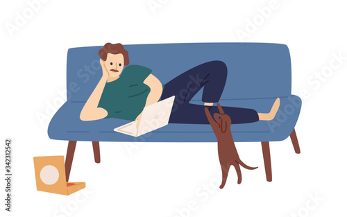 Cartoon relaxed man use laptop surfing internet vector flat illustration
