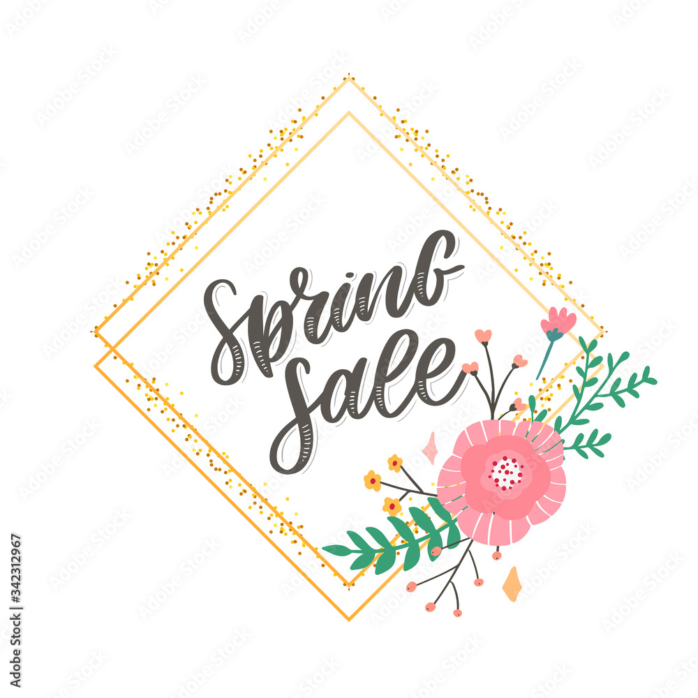 Spring Sale Word Hanging on Leaves with Strings. Vector Illustration flowers