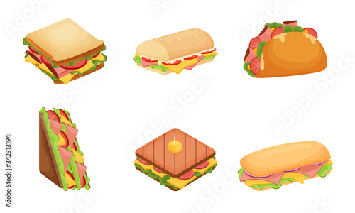 Set of delicious juicy sandwiches filled with vegetables, cheese, meat, bacon. Vector illustration in flat cartoon style