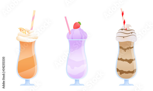 Set of three colorful milkshakes in glasses with tubes made with different ingredients. Vector illustration in flat cartoon style