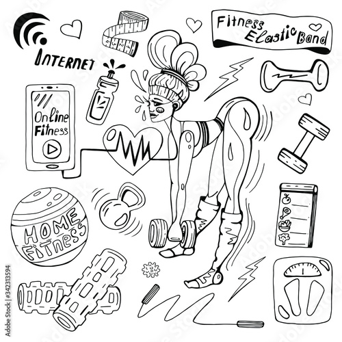 Vector set for home fitness in the context of the pandemic. Everything that would make a and maintain health. Isolated on a white background. For a fitness blog.