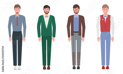 Set of handsome young men in classic elegant clothes and suits.Vector illustration in flat cartoon style