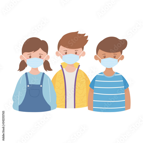 young boys and girl with protective mask medical, prevention coronavirus outbreak disease covid 19