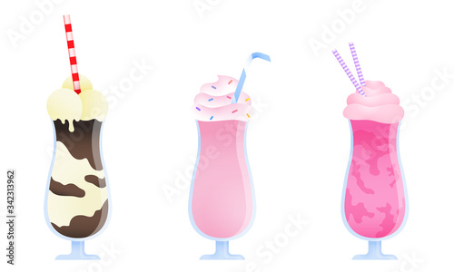 Set of three colorful milkshakes in glasses with tubes made with different ingredients. Vector illustration in flat cartoon style