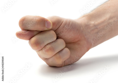 A hand gesture made by making a fist and sticking the thumb between the pointer and middle finger photo