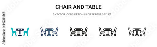 Chair and table icon in filled, thin line, outline and stroke style. Vector illustration of two colored and black chair and table vector icons designs can be used for mobile, ui, web
