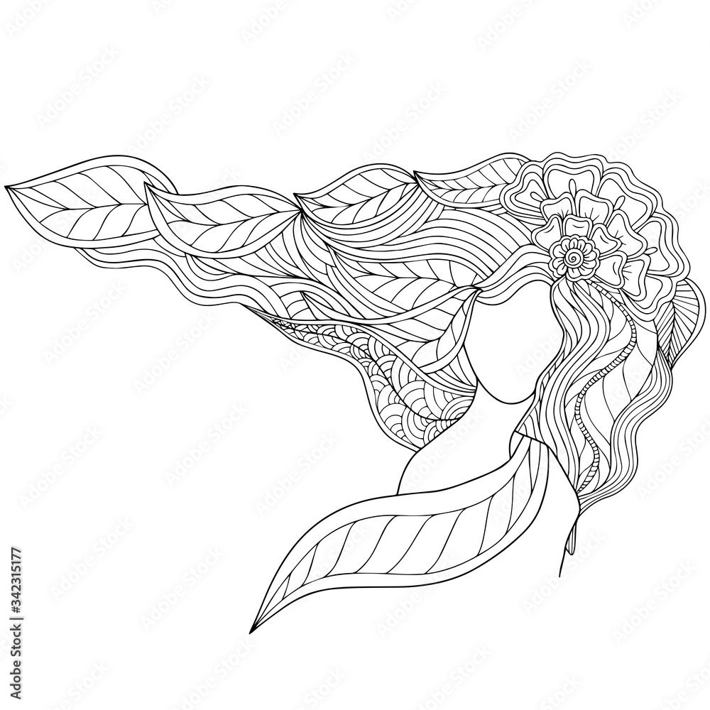 Coloring page girl with hair from leaves and patterns. Vector illustration  isolated on a white background. Free hand drawing. Art therapy for adults  and children. Meditative drawing Stock Vector | Adobe Stock