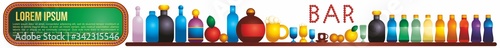 Bar counter with alcohol bottles. Drinking establishment. Alcoholic Drinks Bottles Large Vector Set