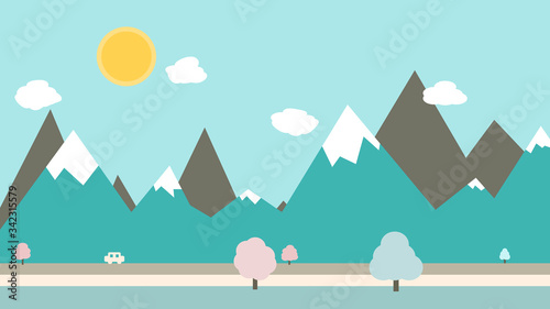 Turquoise winter cartoon landscape with mountains