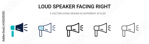 Loud speaker facing right icon in filled, thin line, outline and stroke style. Vector illustration of two colored and black loud speaker facing right vector icons designs 