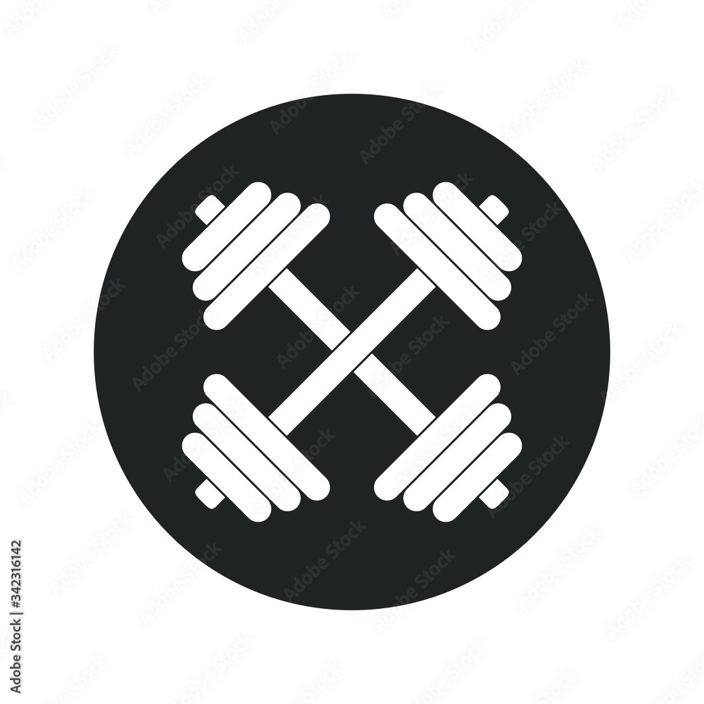 Dumbbells graphic icon. Crossed dumbbells sign in the circle isolated on white background. Gym symbol. Vector illustration Dumbbells graphic icon. Crossed dumbbells sign in the circle isolated on white background. Gym symbol. Vector illustration