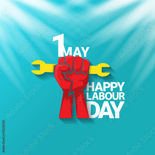 1 may Happy labour day vector label with strong protest fist in the air on blue sky background with rays. vector happy labor day background or banner with man hand. workers may day poster
