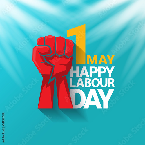 1 may Happy labour day vector label with strong protest fist in the air on blue sky background with rays. vector happy labor day background or banner with man hand. workers may day poster