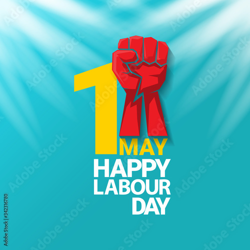 1 may Happy labour day vector label with strong protest fist in the air on blue sky background with rays. vector happy labor day background or banner with man hand. workers may day poster