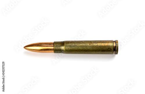 Cartridge for rifle and carbine on a white background. Bullet isolated on white