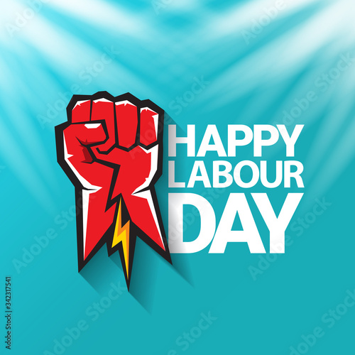 1 may Happy labour day vector label with strong protest fist in the air on blue sky background with rays. vector happy labor day background or banner with man hand. workers may day poster