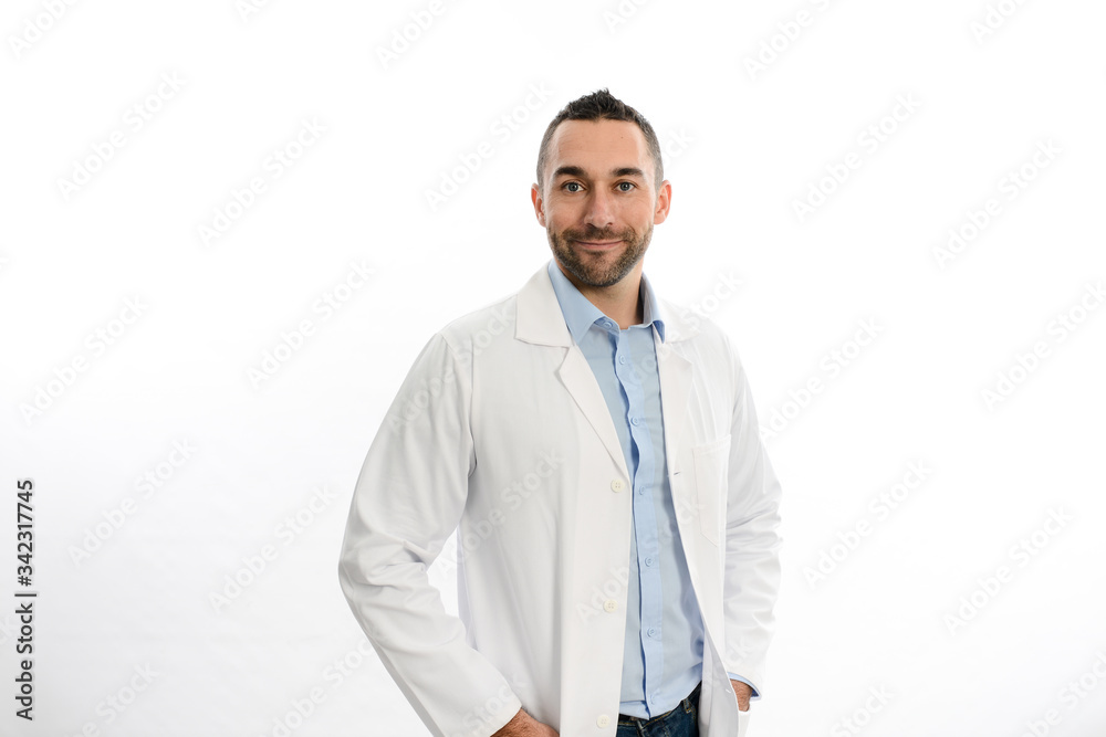 portrait of handsome man male doctor in hospital with a white lab coat studio shot isolated on white background portrait of handsome man male doctor in hospital with a white lab coat studio shot isolated on white background