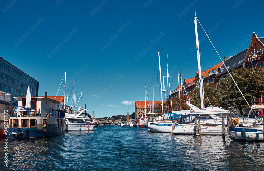 View of the canal with boats in Copenhagen.